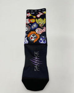 Chaussettes athlétiques noir dessins de monstres sauvages colorés logo griffes violettes