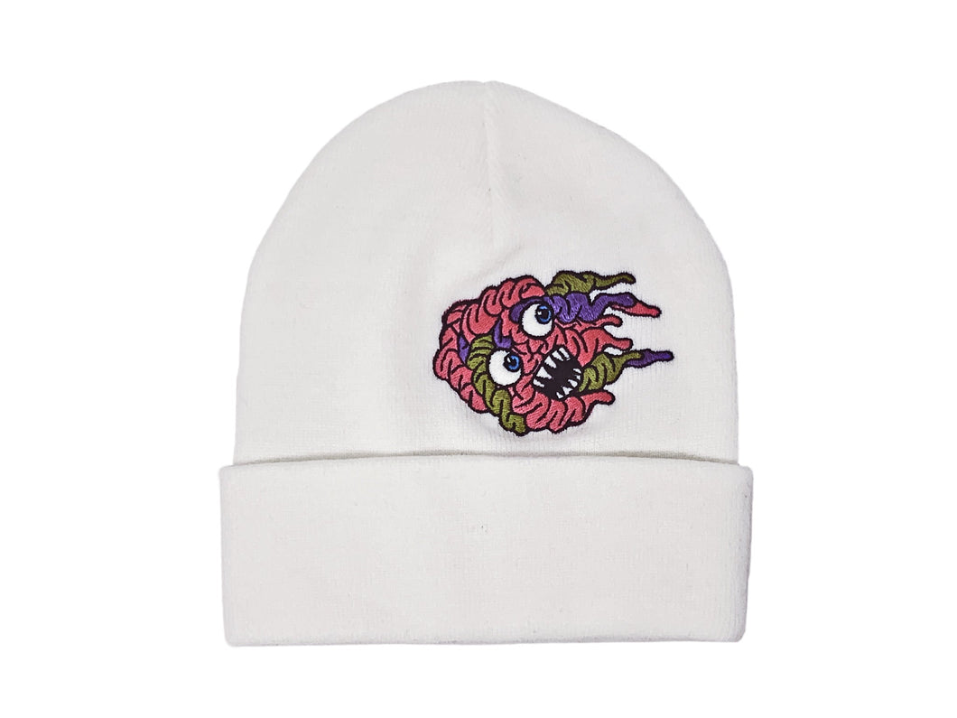 Tuque blanche de la collection brainless avec broderie de cerveau de monstre sauvage. / White beanie with embrodery brain savage monster.